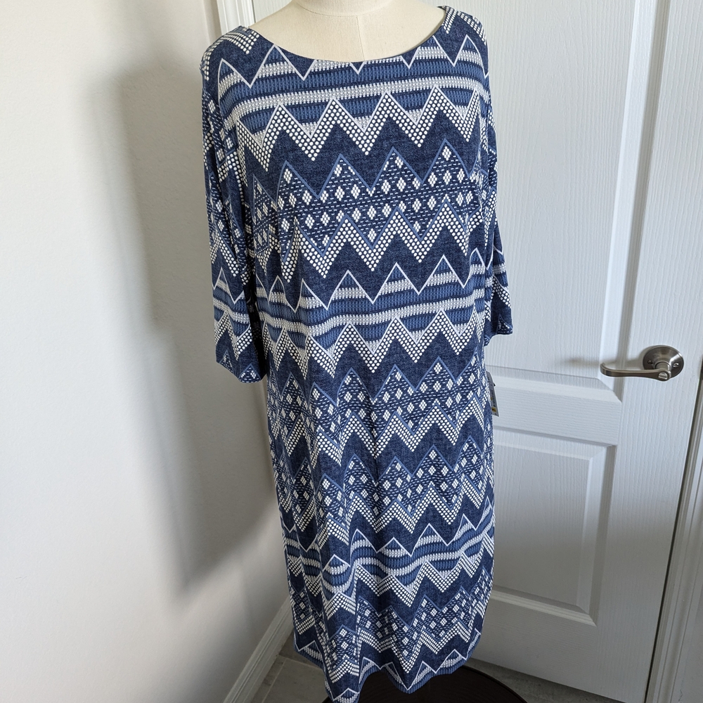 Sandra Darren Blue and White Dolman Sleeve Sheath Dress